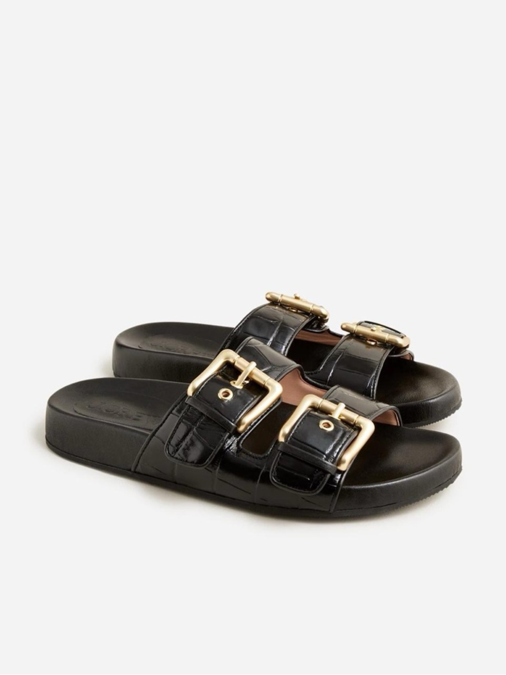 J. Crew Black Slide Sandals with Gold Buckles - Double Strap